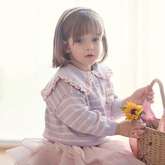 Dave&Bella Toddler Girls Cute Rabbit Striped Breathable Cotton College-style Sweaters Tops