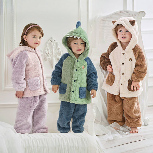 Dave&Bella Toddler Girls Boys Winter Playful Indoor Soft Plush Hooded Pajamas Sets