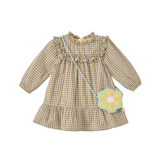 Dave&Bella Toddler Girls Autumn Cotton Yellow Green Plaid Fashion A-line Dress