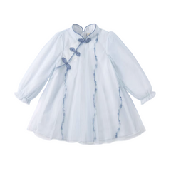 Dave&Bella Toddler Girls Autumn Light Blue Chinese-style Mesh A-line Dress