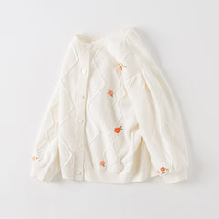 Dave&Bella Toddler Girls Elegant Flower Embroidery Beige Knit Cotton Cardigans