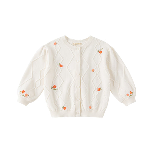 Dave&Bella Toddler Girls Autumn Elegant Flower Embroidery Beige Knit Cotton Cardigan Coat