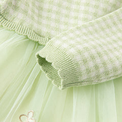 Dave&Bella Toddler Girls Autumn Fresh Green Plaid Knit Sweater Mesh Party Dress