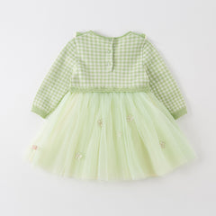 Dave&Bella Toddler Girls Autumn Fresh Green Plaid Knit Sweater Mesh Party Dress