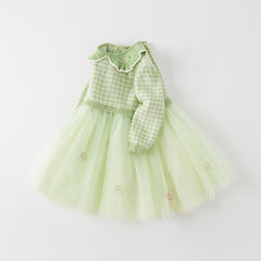 Dave&Bella Toddler Girls Autumn Fresh Green Plaid Knit Sweater Mesh Party Dress