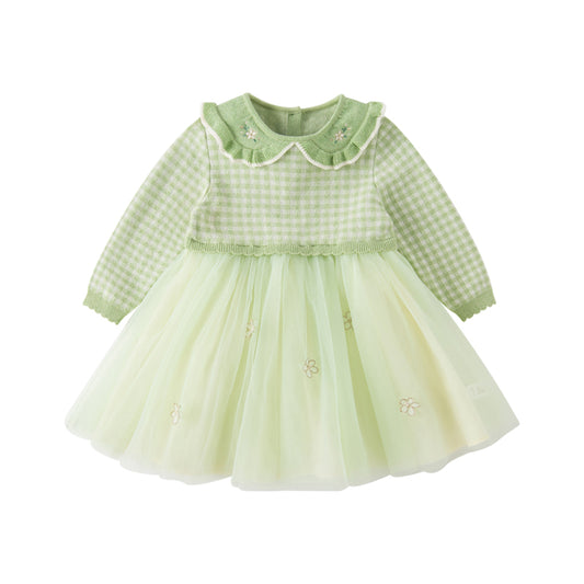 Dave&Bella Toddler Girls Autumn Fresh Green Plaid Knit Sweater Mesh Party Dress