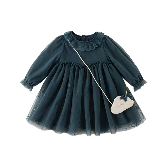Dave&Bella Toddler Girls Autumn Elegance Dark Blue Princess Mesh Dress(wallet bag)