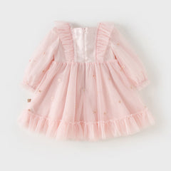 Dave&Bella Toddler Girls Autumn Adorable Light Pink Square Collar Mesh Princess Dress