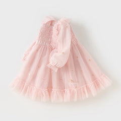 Dave&Bella Toddler Girls Autumn Adorable Light Pink Square Collar Mesh Princess Dress