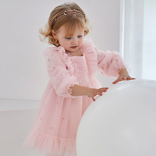 Dave&Bella Toddler Girls Autumn Adorable Light Pink Square Collar Mesh Princess Dress