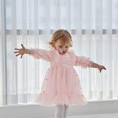 Dave&Bella Toddler Girls Autumn Adorable Light Pink Square Collar Mesh Princess Dress