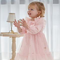 Dave&Bella Toddler Girls Autumn Adorable Light Pink Square Collar Mesh Princess Dress