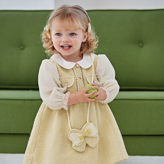 Dave&Bella Toddler Girls Autumn Yellow Romantic French-style Princess Dress(wallet bag)