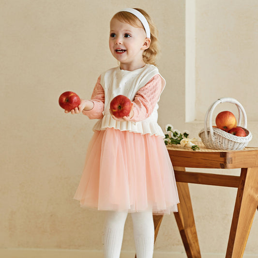 Dave&Bella Toddler Girls Autumn Light Pink Soft Knit Sweater Mesh A-line Princess Dress