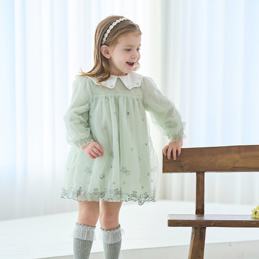 Dave&Bella Toddler Girls Autumn Fresh Green Long Sleeve Mesh Princess Dress