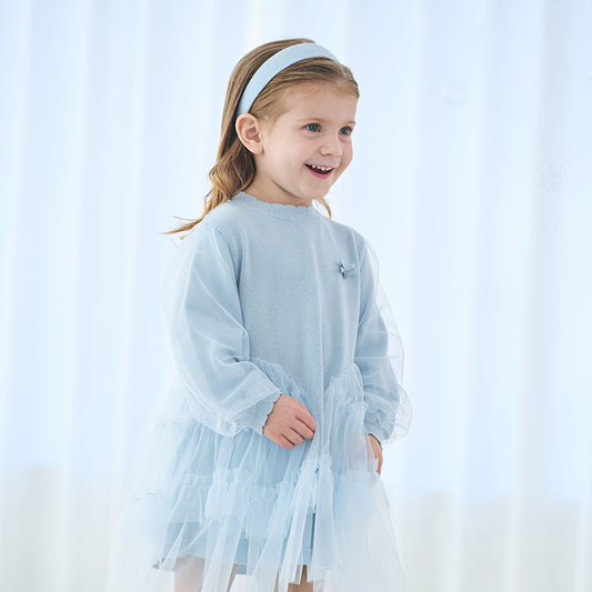 Dave&Bella Toddler Girls Autumn Gentle Light Blue Knit Sweater Mesh Princess Dress