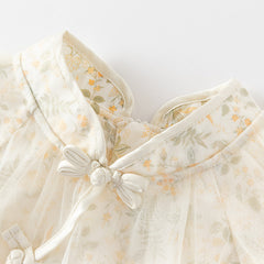 Dave&Bella Kids Girls Autumn Chinese-style Yellow Floral Soft Mesh Princess Dress