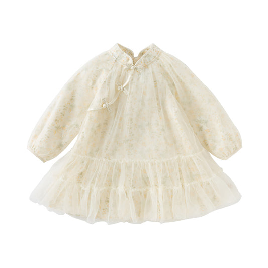 Dave&Bella Kids Girls Autumn Chinese-style Yellow Floral Soft Mesh Princess Dress