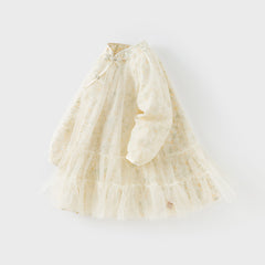 Dave&Bella Kids Girls Autumn Chinese-style Yellow Floral Soft Mesh Princess Dress