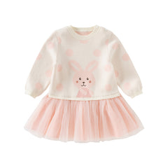 Dave&Bella Toddler Girls Autumn Sweet Pink Round Dots Rabbit Print Mesh Party Dress