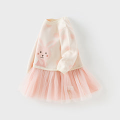 Dave&Bella Toddler Girls Autumn Sweet Pink Round Dots Rabbit Print Mesh Party Dress