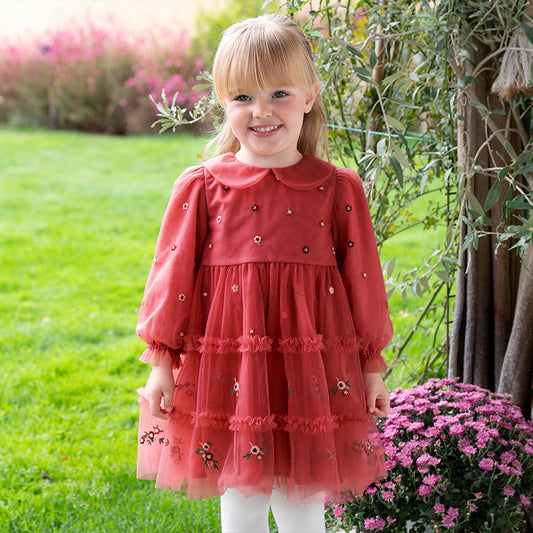 Dave&Bella Toddler Girls Autumn Festival Red Mesh Princess Party Dress