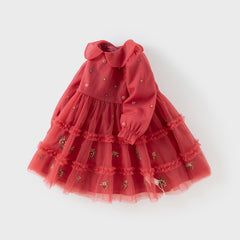 Dave&Bella Toddler Girls Autumn Festival Red Mesh Princess Party Dress