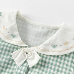 Dave&Bella Toddler Girls Autumn Green White Plaid Cotton Soft Party Dress(wallet bag)