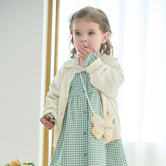 Dave&Bella Toddler Girls Autumn Green White Plaid Cotton Soft Party Dress(wallet bag)