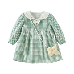 Dave&Bella Toddler Girls Autumn Green White Plaid Cotton Soft Party Dress(wallet bag)