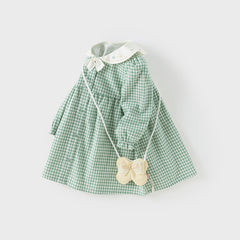 Dave&Bella Toddler Girls Autumn Green White Plaid Cotton Soft Party Dress(wallet bag)