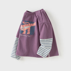 Dave&Bella Toddler Boys Purple/Beige Long Sleeve Breathable Cotton T-shirt Tops