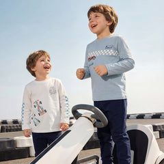 Dave&Bella Toddler Boys Blue/White Classic Round Collar Long Sleeve Cotton T-shirts