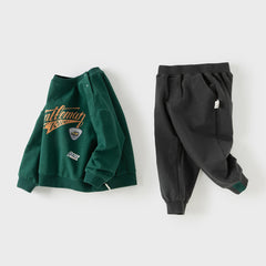 Dave&Bella Toddler Boys Green Soft Round Collar Long Sleeve Top Pants Suits