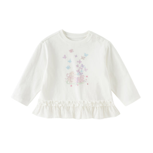 Dave&Bella Toddler Girls Cute White Round Collar Long Sleeve Cotton T-shirt Tops