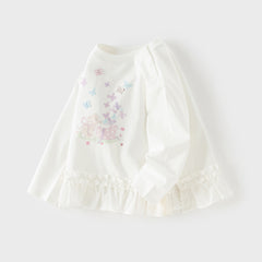 Dave&Bella Toddler Girls Cute White Round Collar Long Sleeve Cotton T-shirt Tops