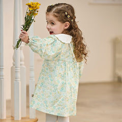 Dave&Bella Toddler Girls Green Floral Print Long Sleeve Comfortable A-line Dress