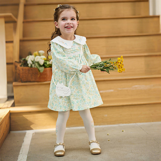 Dave&Bella Toddler Girls Green Floral Print Long Sleeve Comfortable A-line Dress