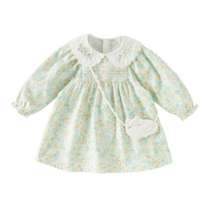 Dave&Bella Toddler Girls Green Floral Print Long Sleeve Comfortable A-line Dress
