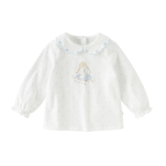 Dave&Bella Toddler Girls Beige Doll Collar Cute Print Breathable Cotton T-shirt Tops