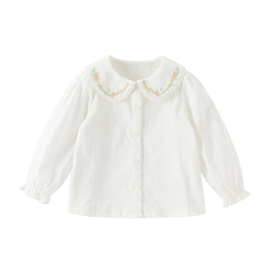 Dave&Bella Toddler Girls Grey Green/White Flower Embroidery Soft Cotton Shirt Tops