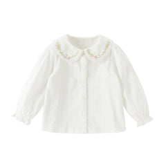 Dave&Bella Toddler Girls Grey Green/White Flower Embroidery Soft Cotton Shirt Tops