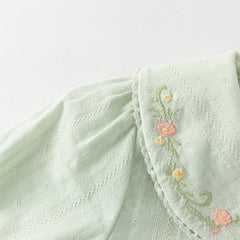 Dave&Bella Toddler Girls Grey Green/White Flower Embroidery Soft Cotton Shirt Tops