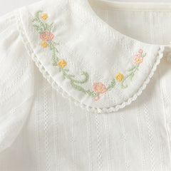 Dave&Bella Toddler Girls Grey Green/White Flower Embroidery Soft Cotton Shirt Tops