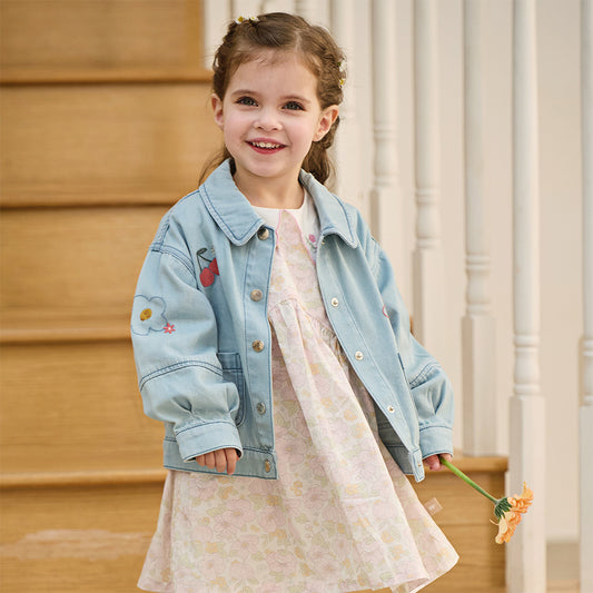 Dave&Bella Toddler Girls Cute Floral Print Beige Breathable Cotton Long Sleeve A-line Dress