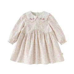 Dave&Bella Toddler Girls Cute Floral Print Beige Breathable Cotton Long Sleeve A-line Dress