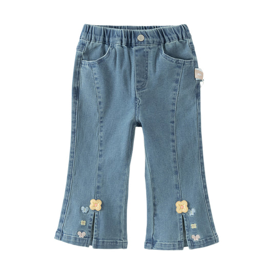 Dave&Bella Toddler Girls Fashion Blue Flower Embroidery Straight-leg Stretchable Jeans