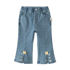 Dave&Bella Toddler Girls Fashion Blue Flower Embroidery Straight-leg Stretchable Jeans