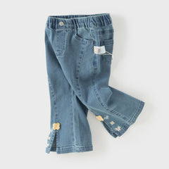 Dave&Bella Toddler Girls Fashion Blue Flower Embroidery Straight-leg Stretchable Jeans