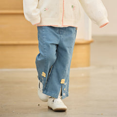 Dave&Bella Toddler Girls Fashion Blue Flower Embroidery Straight-leg Stretchable Jeans